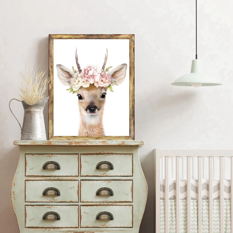 Настенный декор для детской комнаты с оленем животные розовые цветы