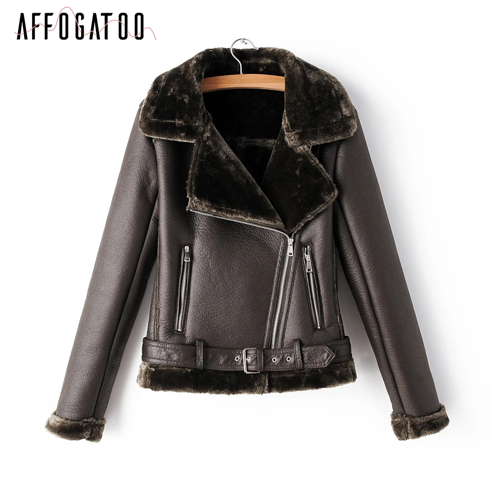 olive green Afogafoo Повседневная осенне-зимняя пушистая искусственная теплая кожаная куртка женская толстая верхняя одежда женское пальто винтажное на молнии ремень женские пальто - Цвет: olive green