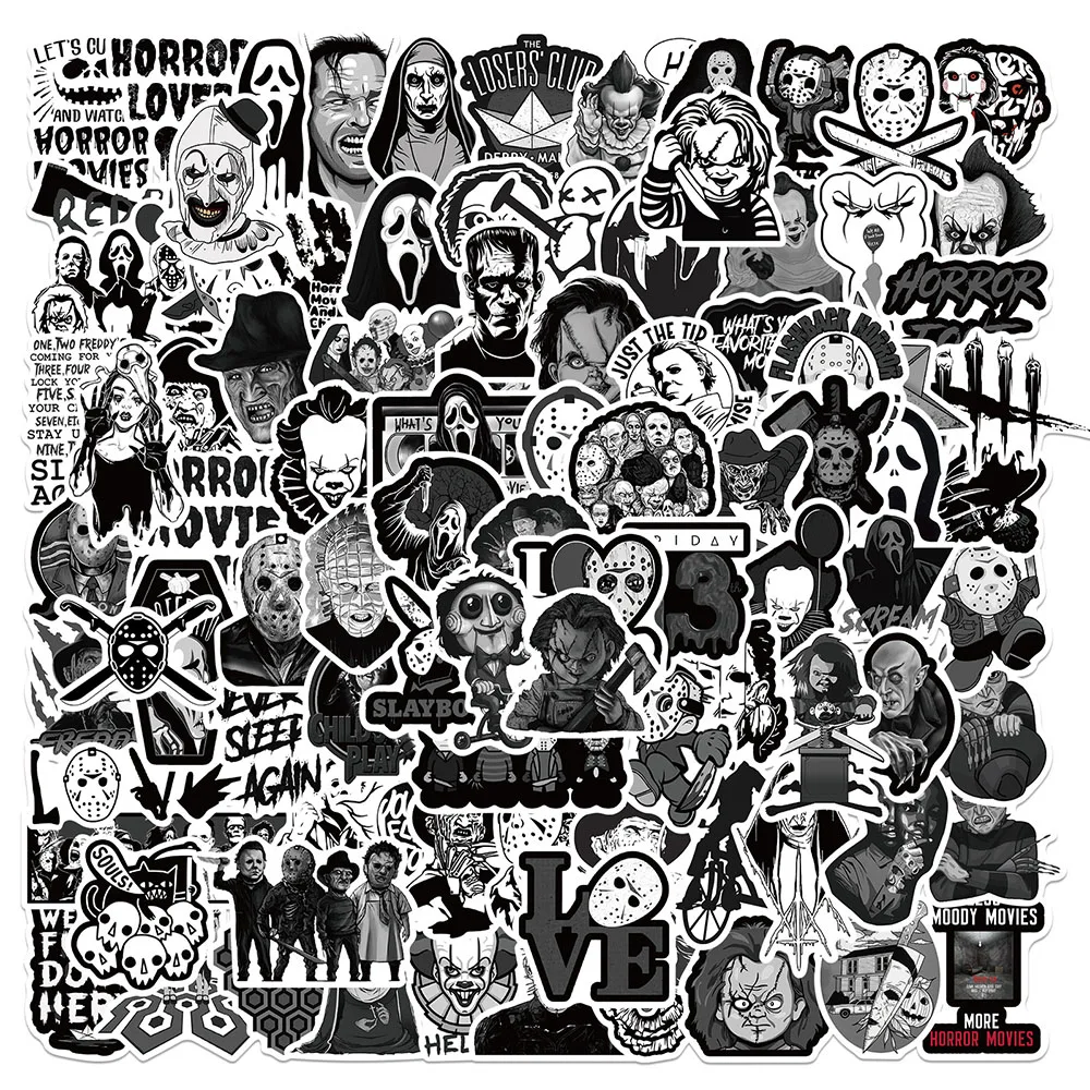 

10/50/100PCS Black and White Horror Movie Stickers Punk Skateboard Laptop Motorcycle Phone Car Cool Graffiti Sticker Decal Toy