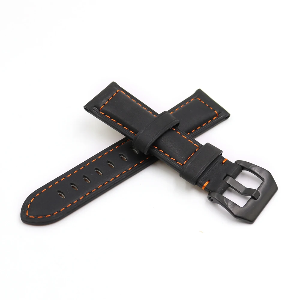 

Rolamy 22 24mm Black Real Leather Handmade Replacement Thick Vintage Wrist Watch Band Strap With Black Color Brushed Buckle