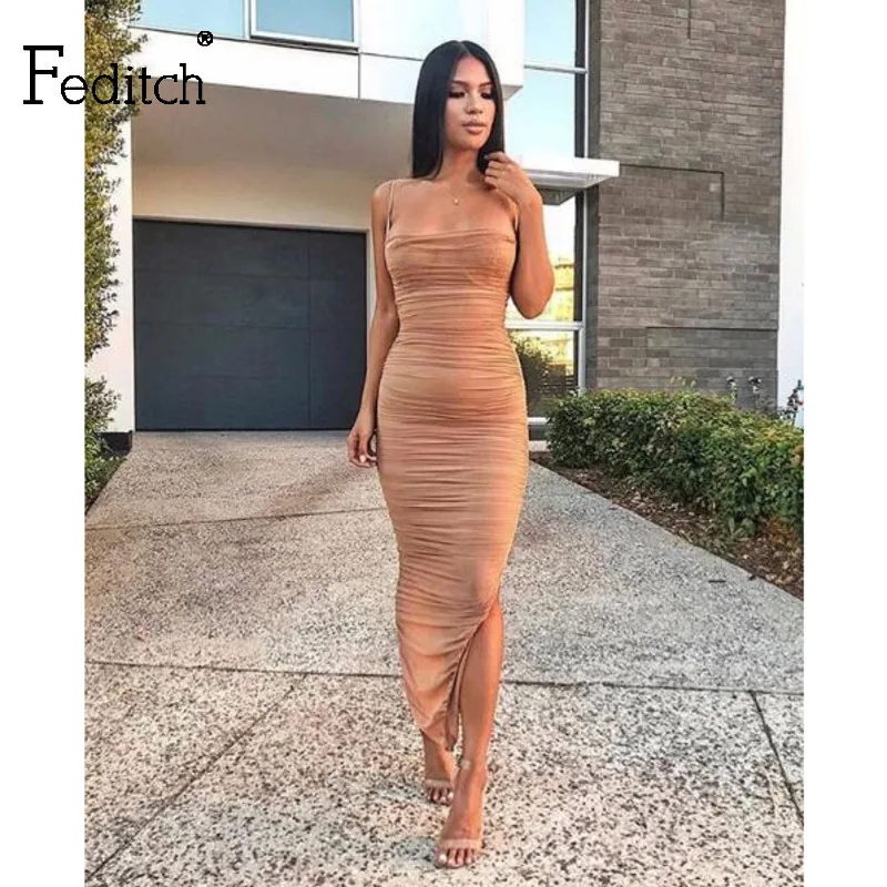 Feditch сетки Ruched Разделение Макси женское платье однотонное с открытой спиной