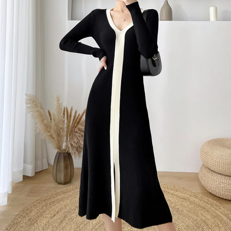 Женское Трикотажное Шерстяное Платье макси Элегантное черно-белое контрастное