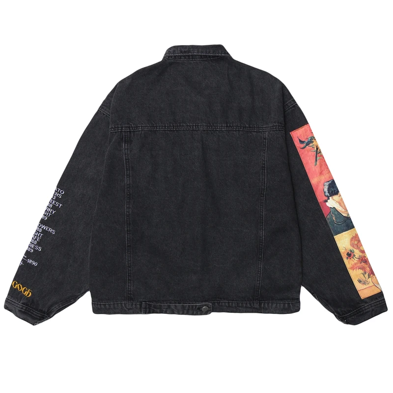 

Мужская джинсовая куртка, свободная джинсовая куртка с вышивкой, синяя, Черная