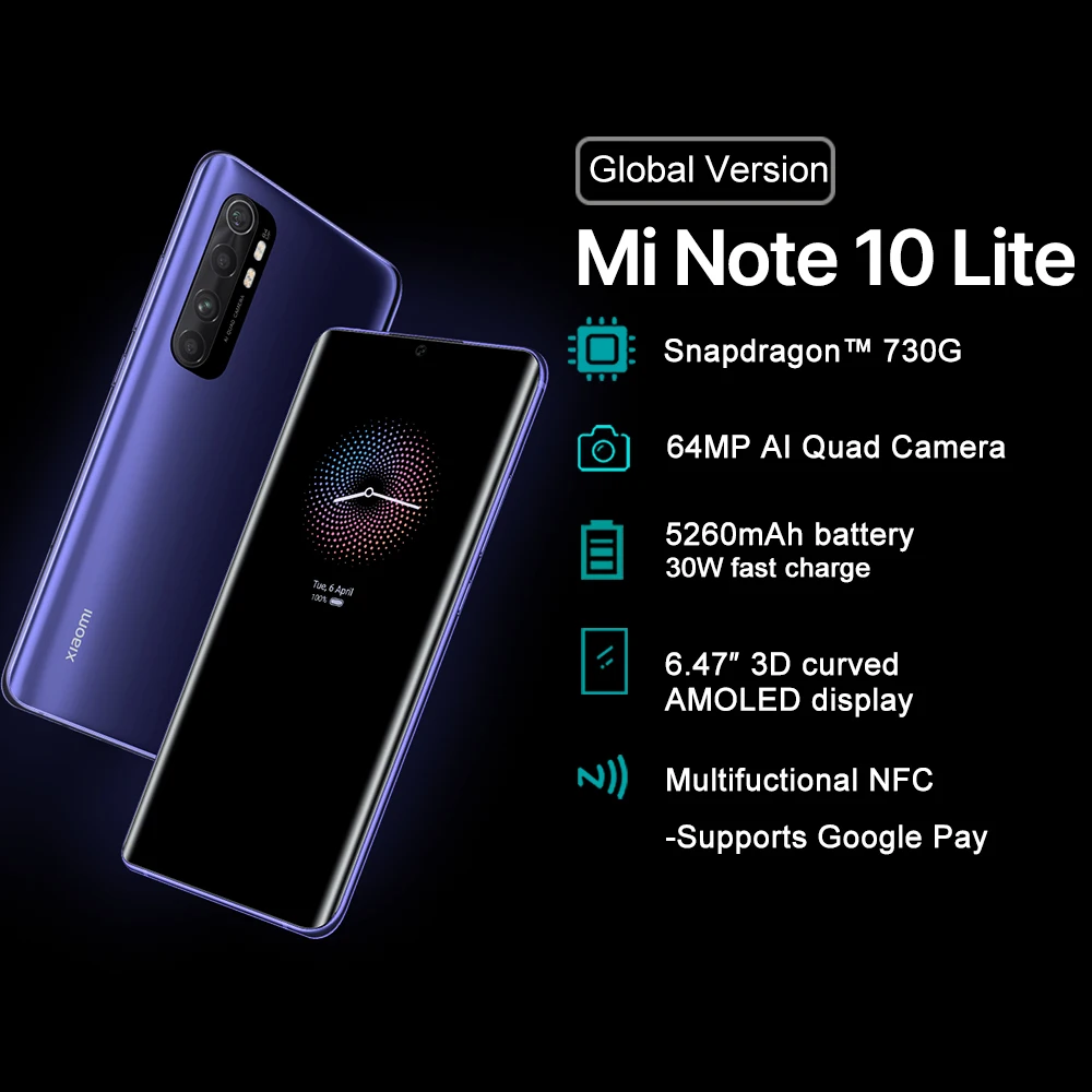 Глобальная версия смартфона Xiaomi Mi Note 10 Lite 64 ГБ 128 Snapdragon 730G мп четыре камеры 5260 мАч 30