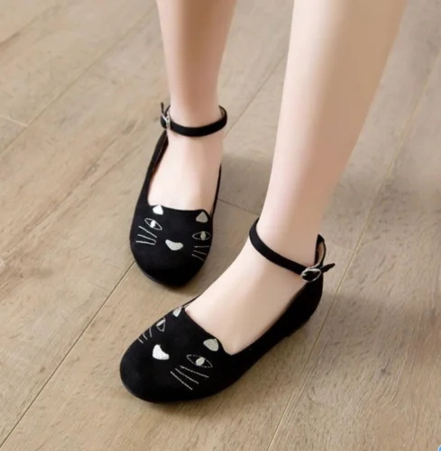 

Women Embroidery Cat Flat Buckle Strap Shoes Cosplay Lolita No-Slip Loafer B2