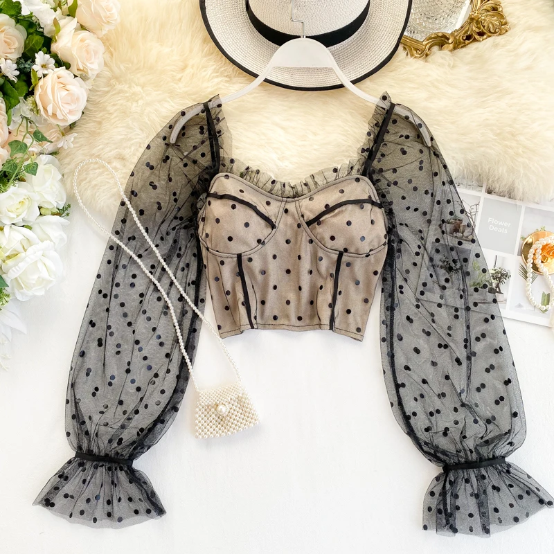 

Chic Fungus Long Sleeve Mesh Blouse Women's Sexy Slash Neck Dot Print Short Tops Blouse Blusas Femininas Elegante K208