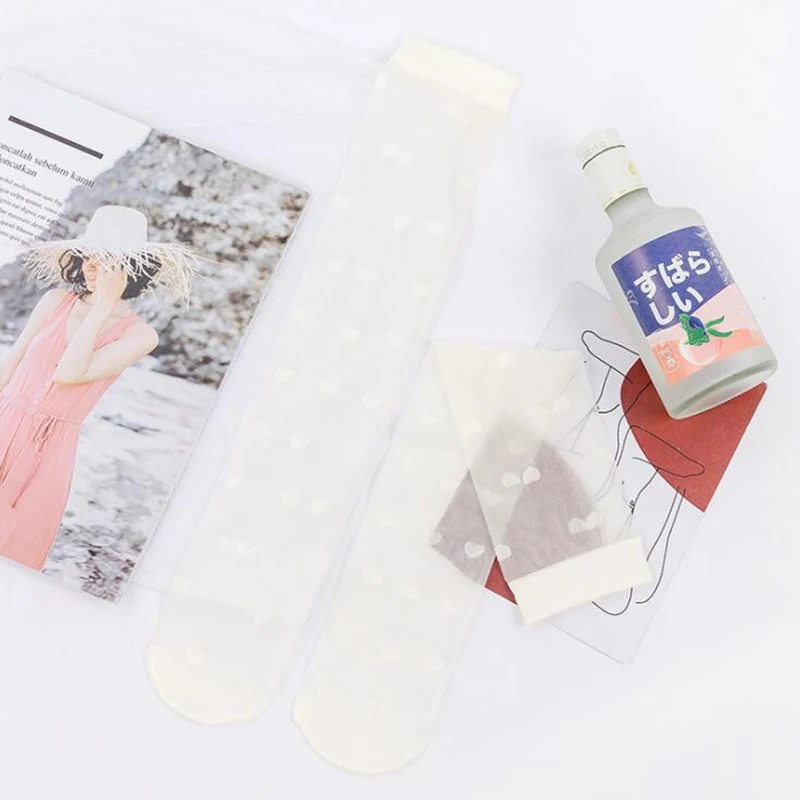 Jk Black High Knee Socks Women Transparent Ultra-thin Nylon Stockings Female Lolita Heart Long Socks Leg Dress Calcetine Medias