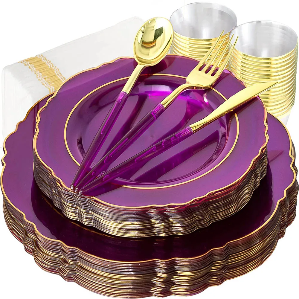 

Disposable Party Tableware Transparent Purple Plastic Plate With Tableware Cup Napkin Combo Set Wedding God Day Party Supplies