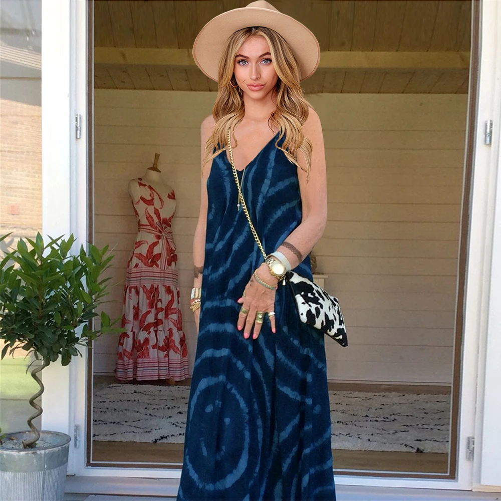 

2021 Chiffon Summer V-neck Sling Sleeveless Long Dress Bohemian Printed Casual Striped Maxi Beach Dress Elegant Women 4 Colors