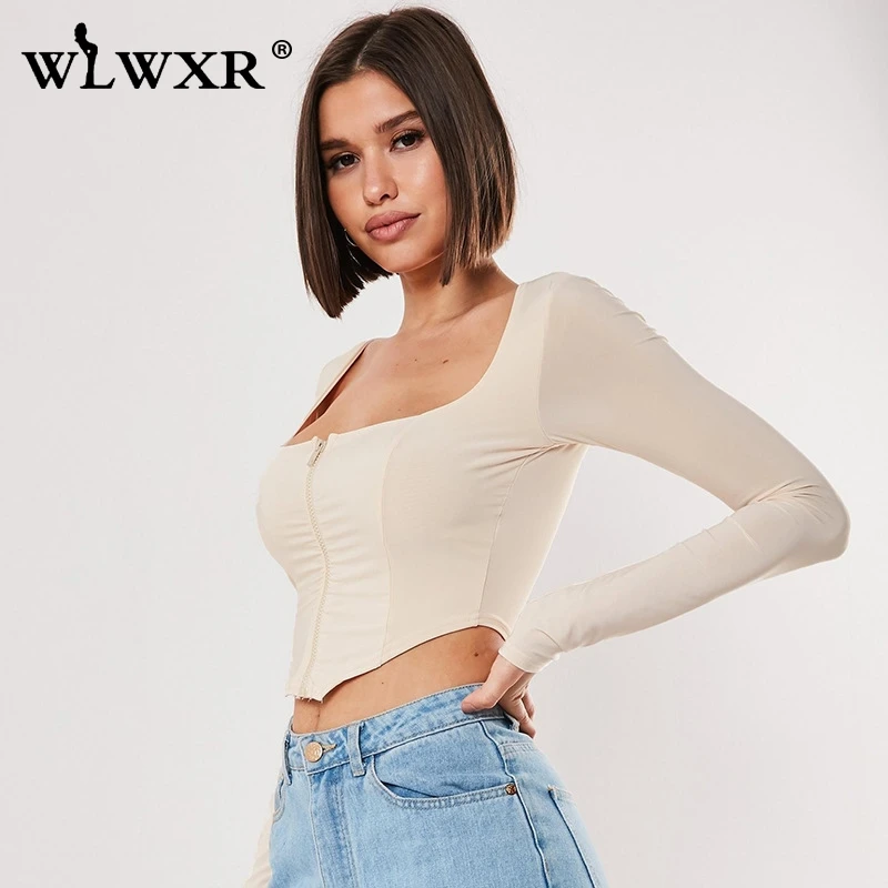 WLWXR Повседневная облегающая футболка женская укороченный топ с длинным рукавом