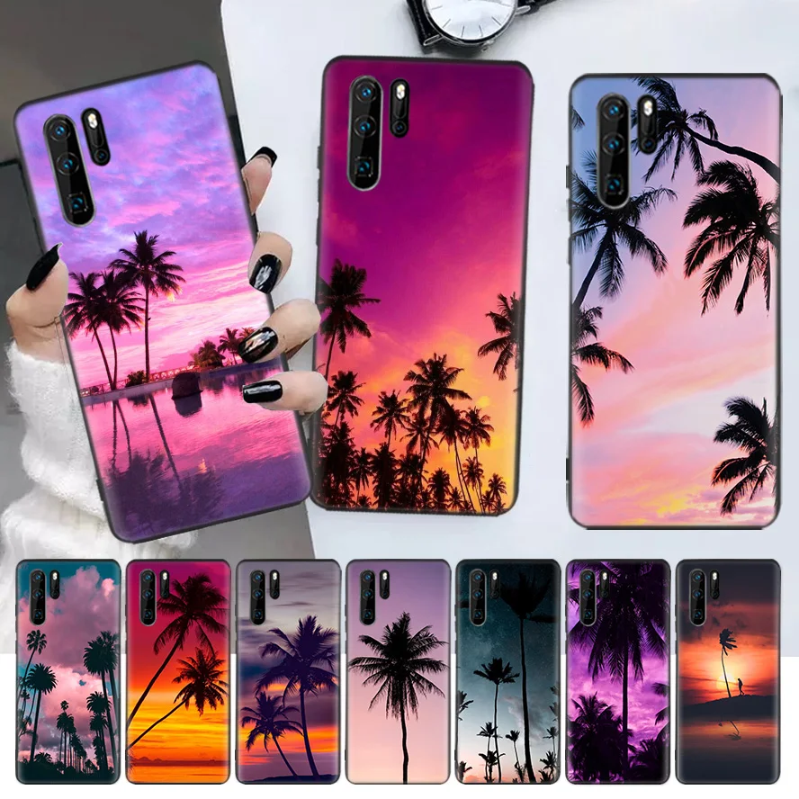 

Palm Leaves Sunset Summer Scenery Black Phone Case For Huawei P30 Lite P20 Pro P40 P10 Mate 20 40 30 10 P Smart Z Plus Pattern
