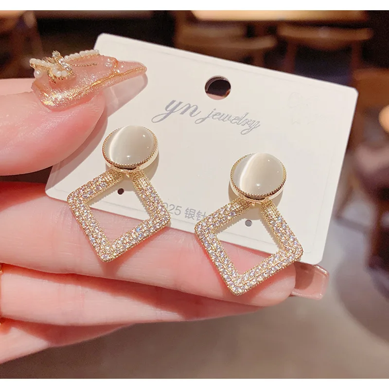 

Luxury 14K Real Gold Needle Micro-inlaid Zircon Geometric Box Opal Stud Earrings for Women Cubic Zircon ZC Earrings