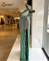 lowime 2021 hot sale green evening dresses beads one shoulder evening gown arabic full length prom dresses for women dubai party