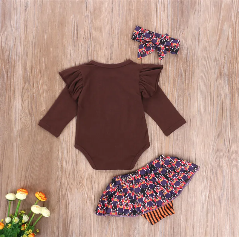 

2020 Baby Girls Thanksgiving 3PCS Outfit Set Long Sleeve Turkey Letter Print Romper Top+Floral Skirt Shorts+Headband Clothing