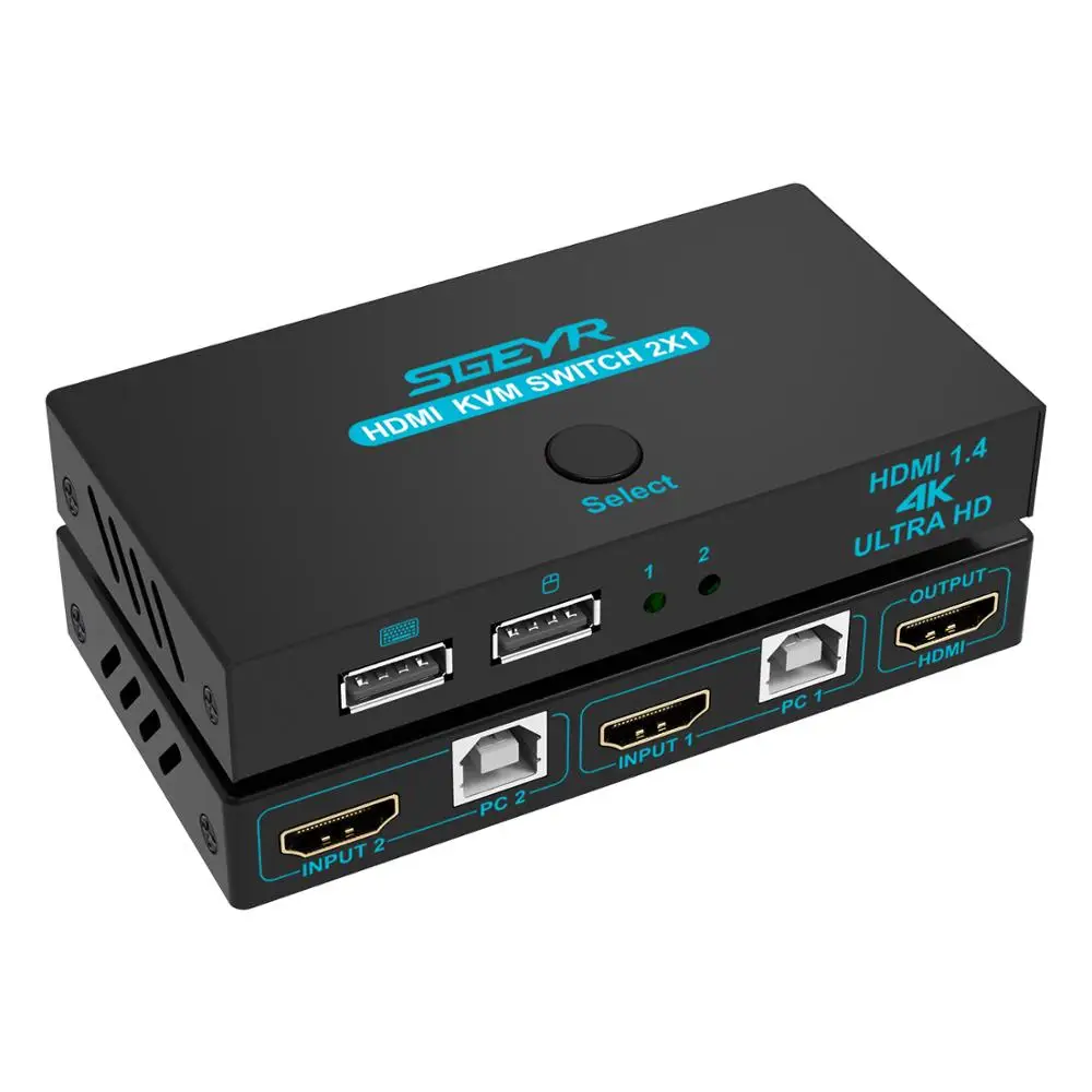 

SGEYR HDMI KVM переключатель 2 порта совместное использование 2 компьютеров с одним монитором 2x1 USB KVM Hotkey металлический переключатель с HDMI кабелем ...