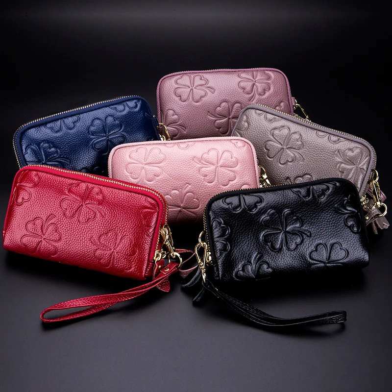 

Genuine Cow Leather Women Long Wallet First Layer of Cowhide Ladies Double Zipper Purse Four-Leaf Clover Female Money Bag Clutch