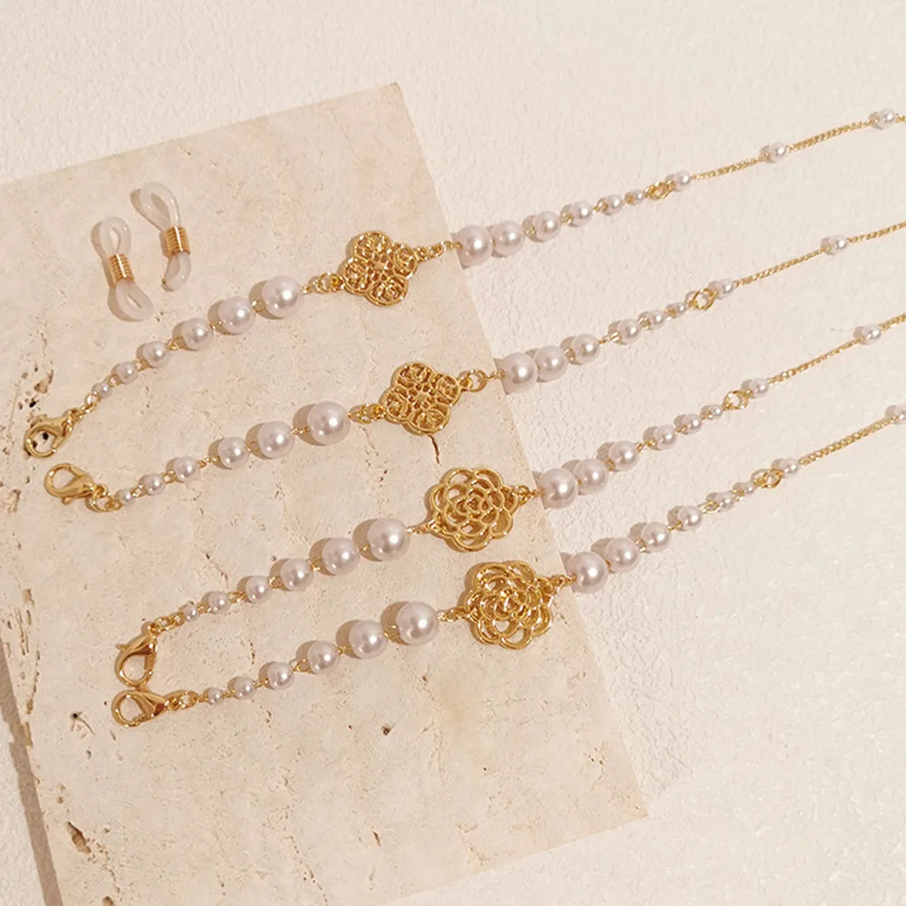 

Цепочка для очков с золотым ажурным цветком и жемчугом, ожерелье с ремешком для лица, шнур для очков, держатель для очков, шнур для шеи