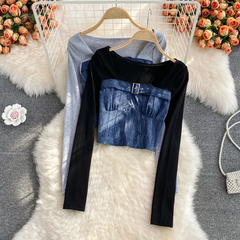 

Футболка женская джинсовая, нишевой дизайн в гонконгском стиле, модная короткая футболка с длинным рукавом, имитация двух частей