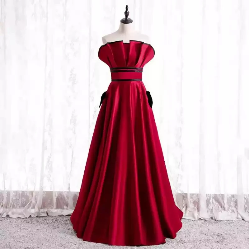 

Strapless Burgundy Evening Dress Pleat Bow Appliques Floor-Length Fashion Empire Sleeveless A-Line Party Formal Gown Woman B664