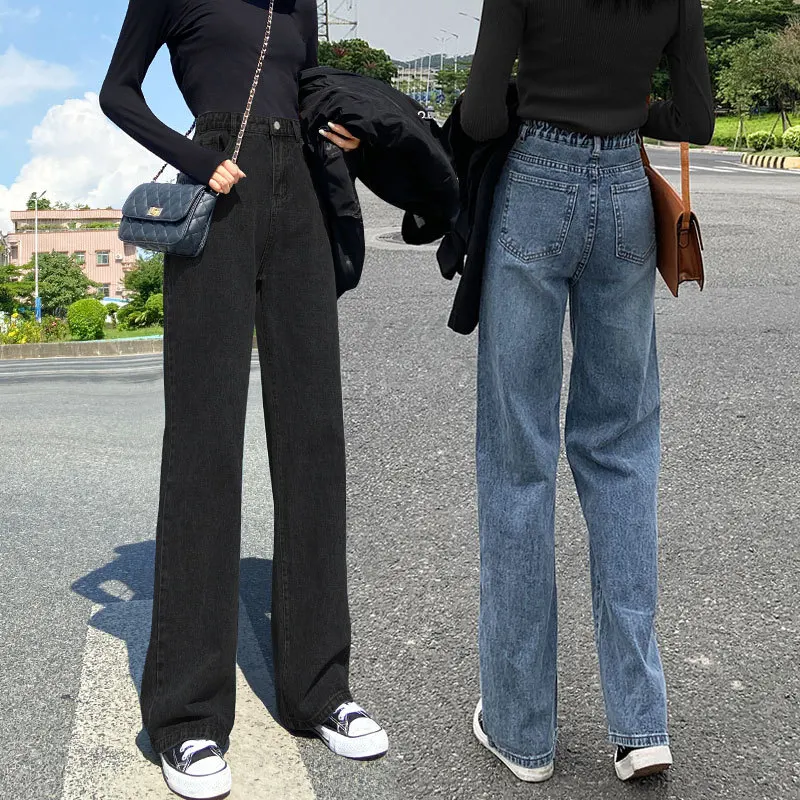 

Джинсы женские с широкими штанинами, прямые свободные брюки-трубы с завышенной талией, темно-синие зимние штаны, весна-осень