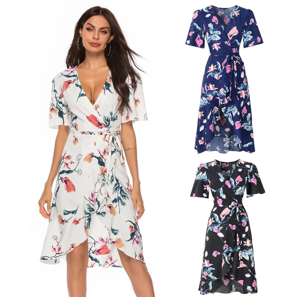 

Women Sexy V-neck Ruffled Lace-up Dresses Chiffon Beach Wrap Dress Party Dress