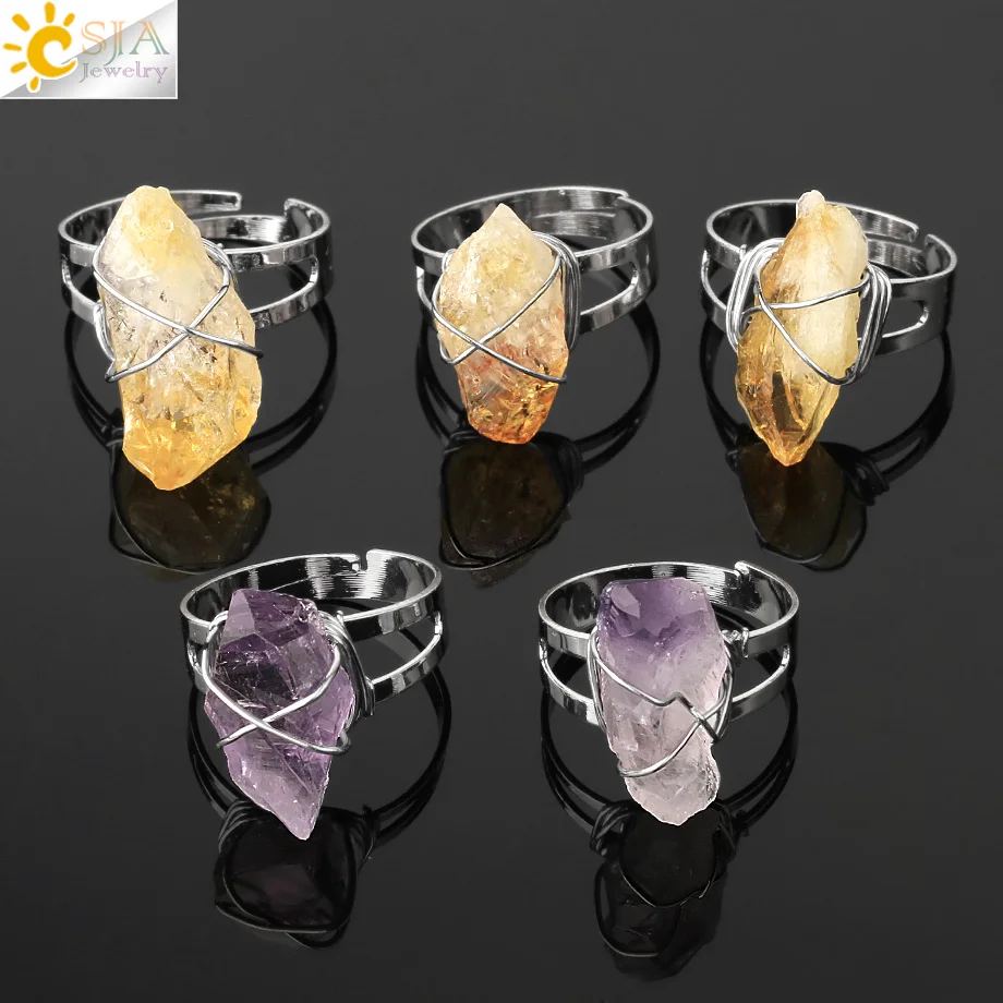 CSJA Women Ring Natural Stone Irregular Crystal Silver Color Wire Wrapped Adjustable Open Rings Reiki Fashion Jewelry Party G559 | Украшения