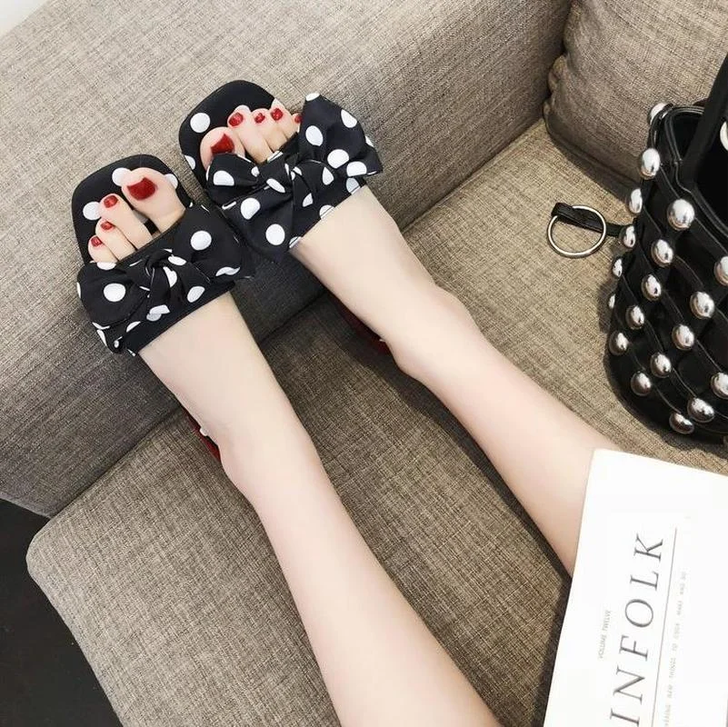 

Summer Women's Slippers Polka Dot Vamp Bowknot Modification Fashion Open Toe Belt Heel Sweet Beauty Slippers 2021