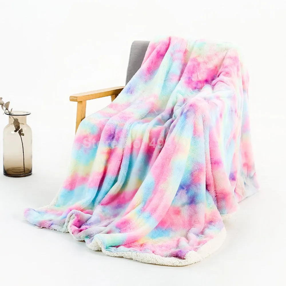 

Decorative Rainbow Print Warm Sherpa Blanket Reversible Long Shaggy Cozy Furry Kids Adult Blanket, Blanket for Sofa/Couch/Bed