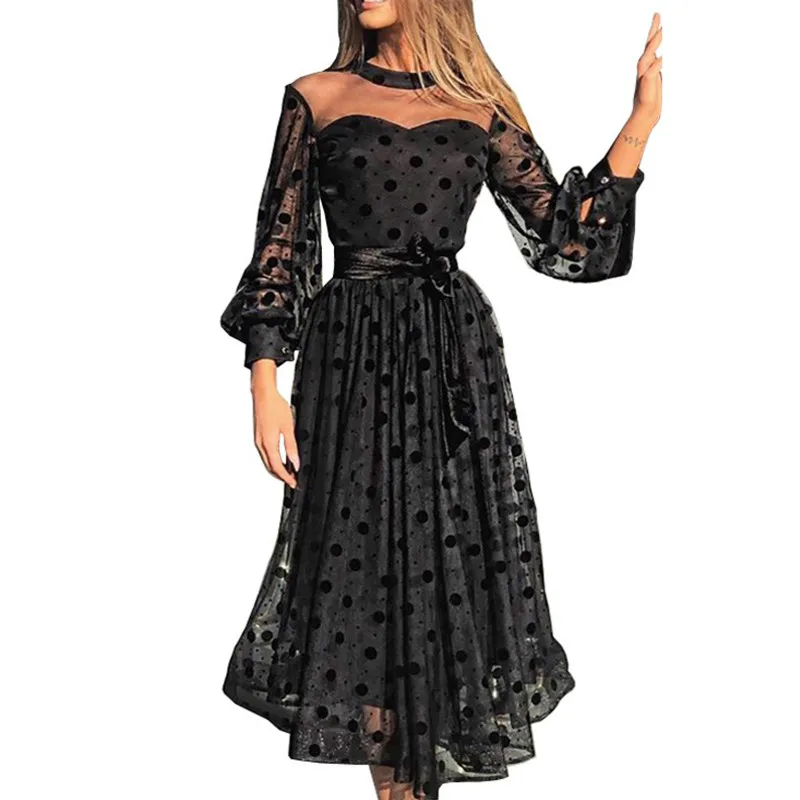 Женское винтажное платье в горошек длинное прозрачное трапеция с длинным