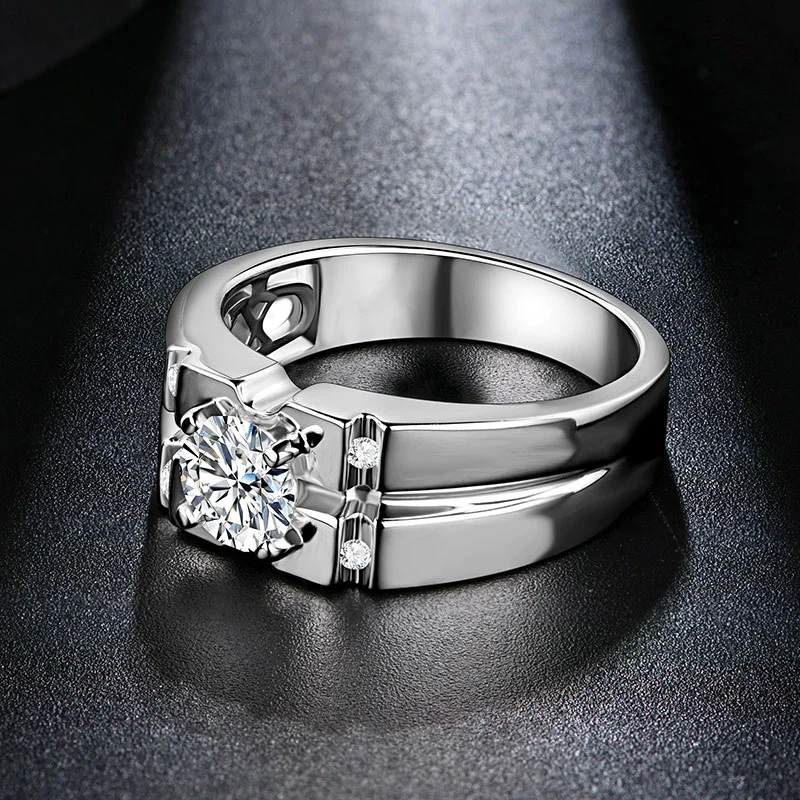 

Attagems 925 Sterling Silver Moissanite Ring For Men Wedding 1.0ct Round Moissanite Center Channel Sides Men's Diamond Rings