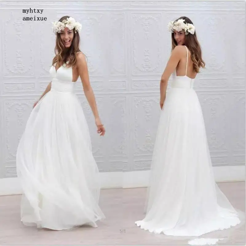 

Cheap Vestido De Noiva Simple Beach Wedding Dress 2020 A-line V Neck Spaghetti Straps Sexy Boho Backless White Bride Bridal Gown