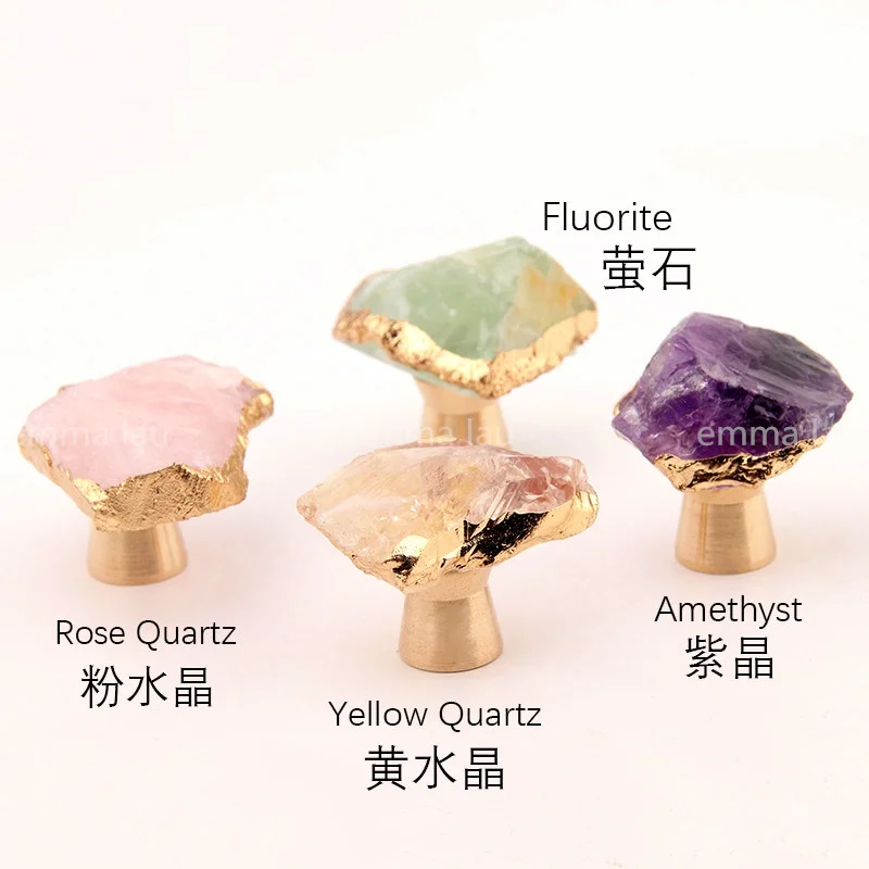 

Natural Irregular Fluorite Stone Knob and Handle Brass Base Drawer Cupboard Closet Door Knobs Clear Crystal Furniture Pulls