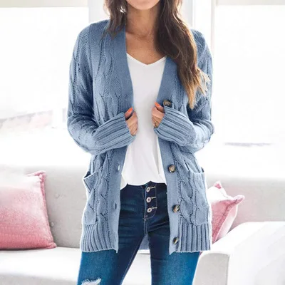 

2020 New Casual Cardigan Coat Long Sweater Women Coat Solid Color Twist Button Pocket Black Sweater Female