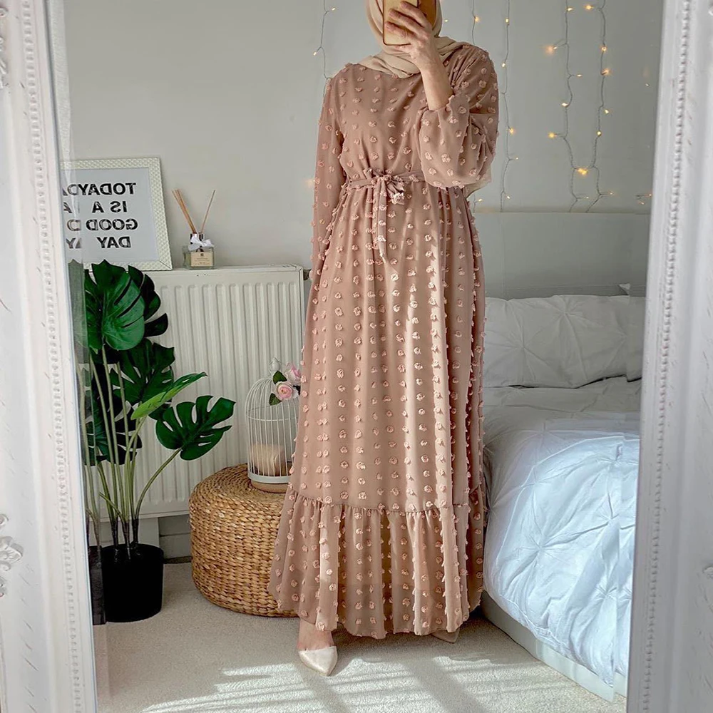 

Solid 3D Pompon Maxi Long Dress Autumn 2020 New Euro American Long Sleeve Dresses for Women Muslim Arab Oman Clothing