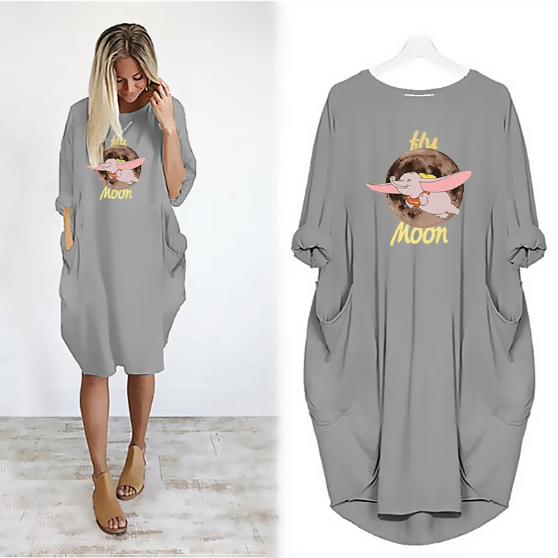 

Vintage Dresses Women Long Sleeve Midi Dress Dumbo Vintage Casual Vestidos Cartoon Print Party Loose Dress Pockets Robes Femme