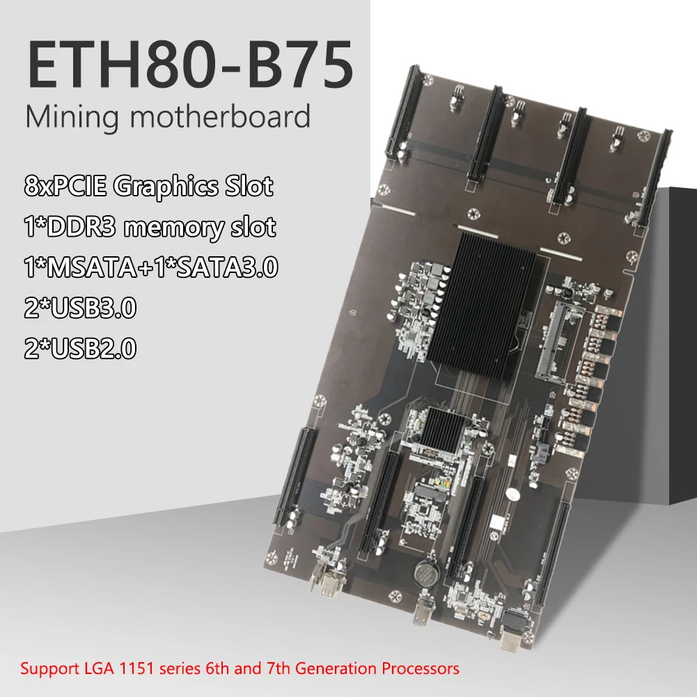 

ETH80-B75 80 мм 8 видеокарта настольный компьютер Майнинг материнская плата 8x PCI Express 16X LGA1155 DDR3 Майнер плата для BTC Майнер