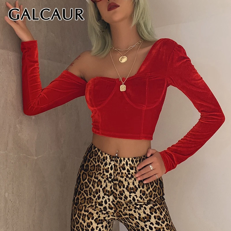 GALCAUR Сексуальная короткая футболка для женщин асимметричный воротник с длинным