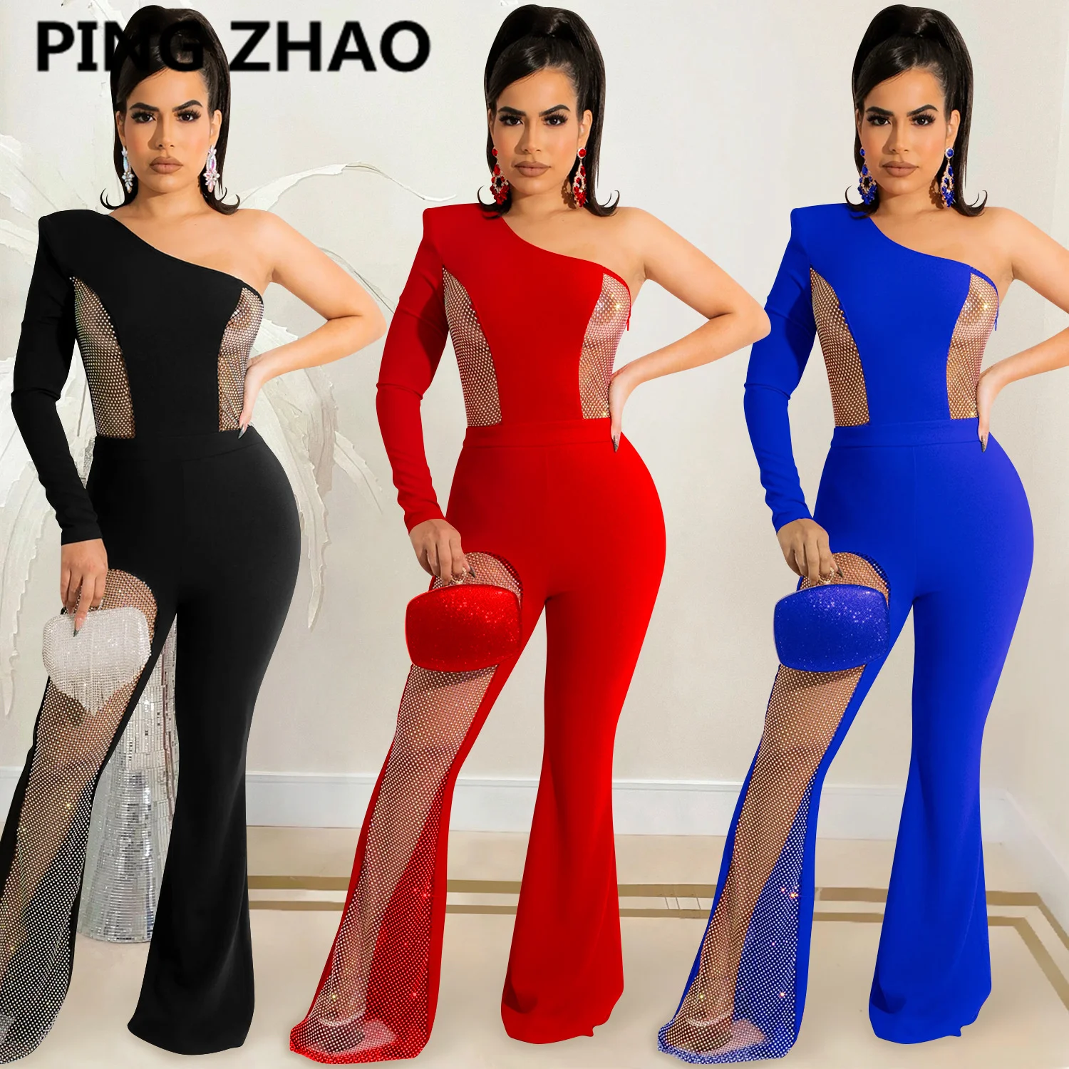 

PING ZHAO Sexy Mesh Patchwork One Shoulder Playsuits Women Elegant Skinny Flare Pants Jumpsuit Fashion Lady Party Streetwear