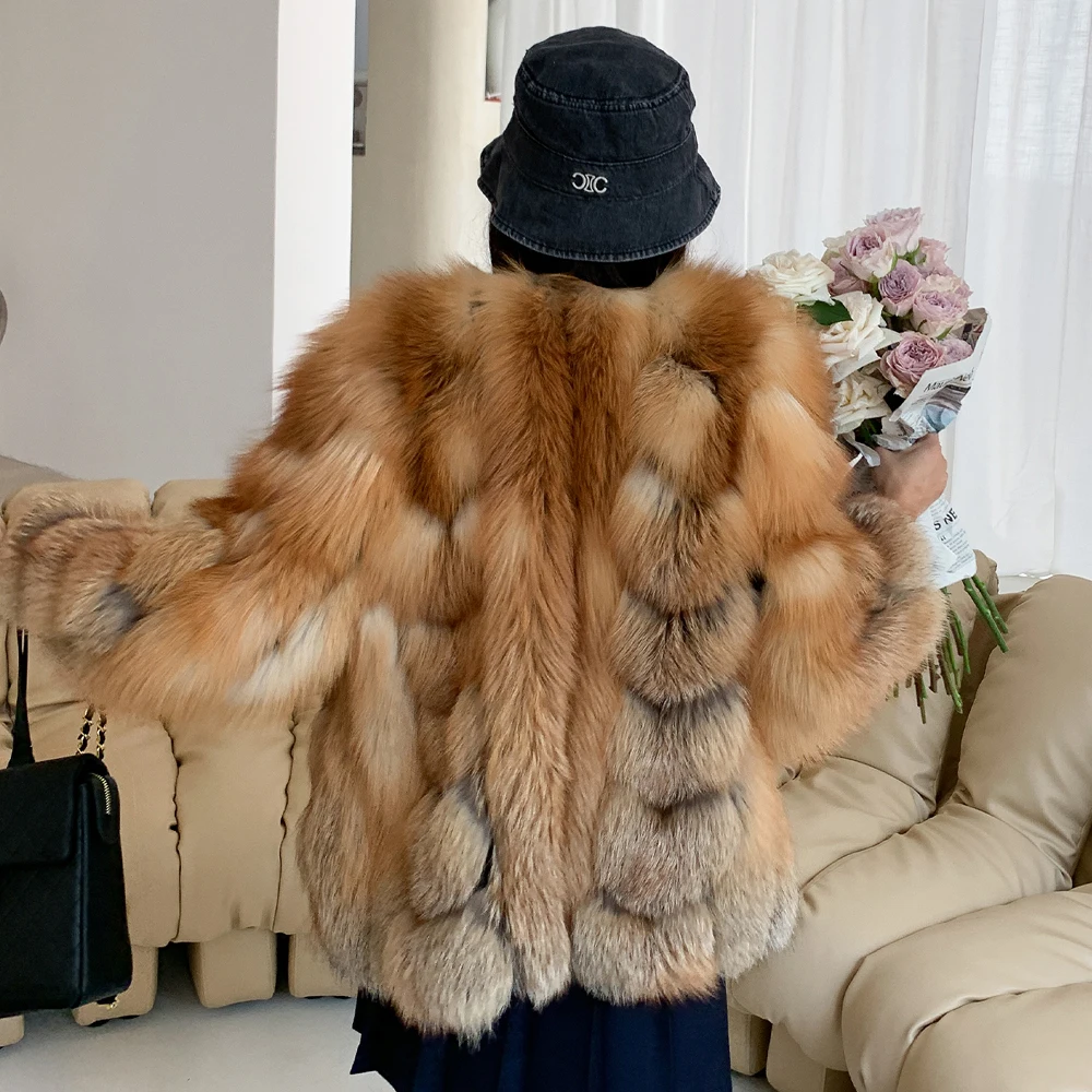 2022 New Women Natural Red Fox Fur Jacket Thick Mid-length V-neck Whole Skin Genuine Red Fox Fur Coats for Female Winter Outwear