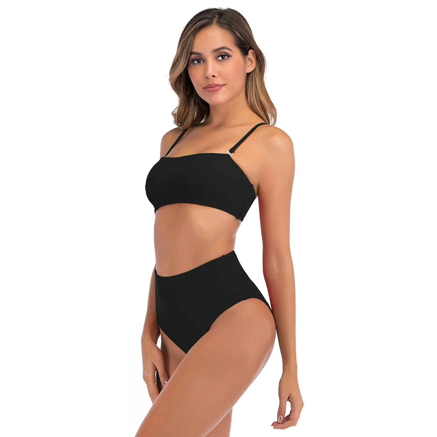 

Women Crop Top Bandeau Padded Bikini High Waisted Swimwear Solid Color Swimsuits Sporty Chest Covering Two Pieces Bathing Suits
