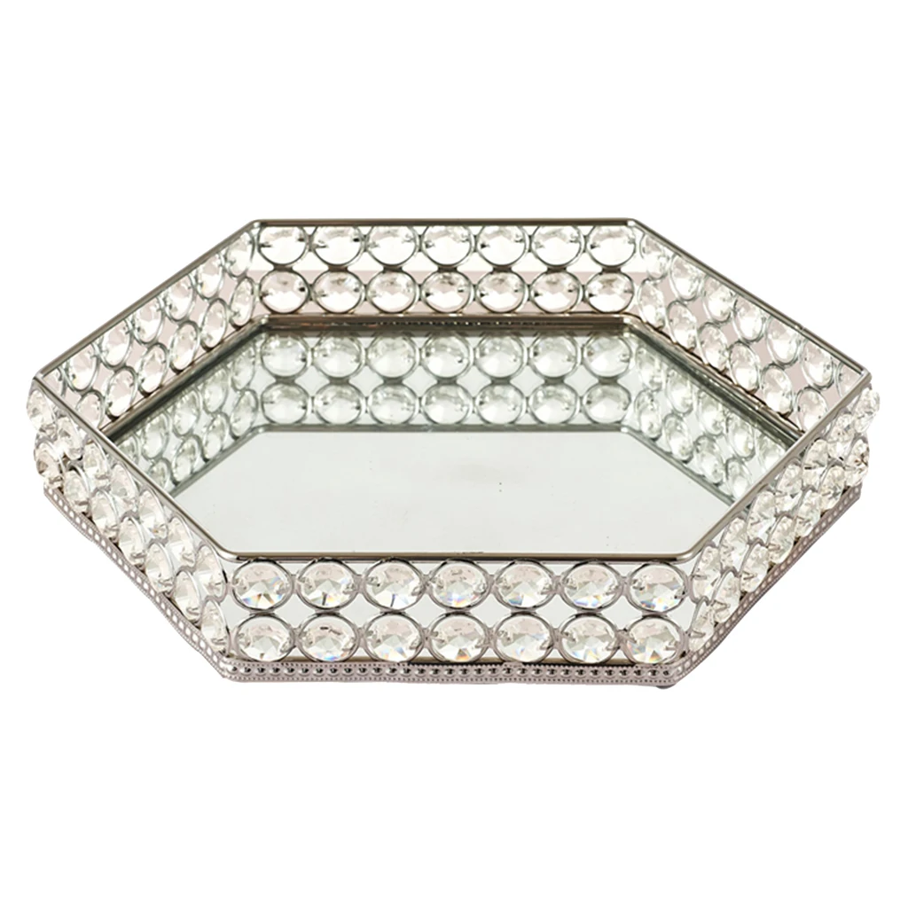

Mirrored Crystal Vanity Tray - Decorative Serving Tray for Perfume, Jewelry and Makeup (Hex, 11 inches, Silver)