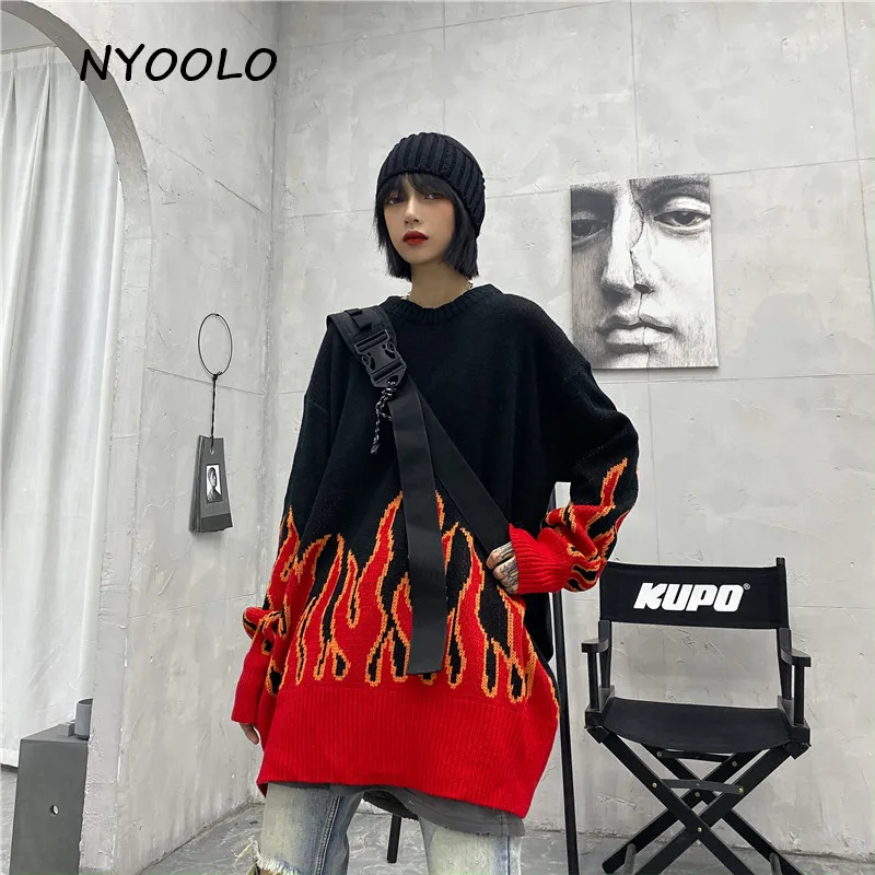 NYOOLO Autumn Winter streetwear flame patchwork loose sweaters Casual long sleeve O-neck pullovers women men outerwear | Женская одежда