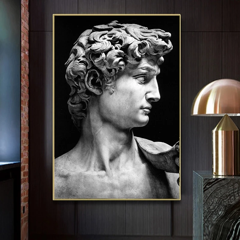 

Black and White Sculpture of David's Head Canvas Painting Posters and Print Wall Art Pictures Cuadros for Hoem Living Room Decor