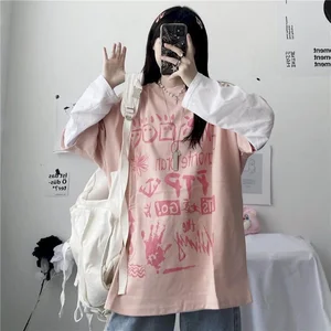 Ранняя осень Корейская версия японского алфавита граффити с принтом сшивание двойные свободные футболки с длинными рукавами для женщин