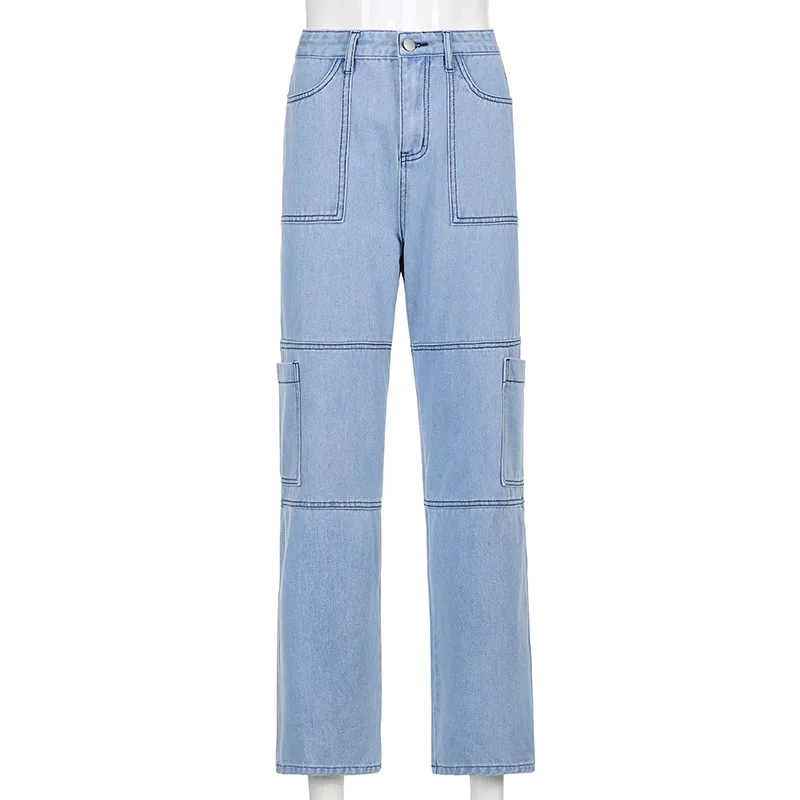 

2021 New Arrival Summer Style Female Fashion Summer Patchwork Blue Solid Loose High Waist Night Club Sexy Denim Wide Leg Pants