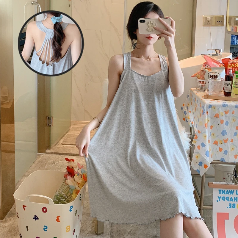 Pure Cotton Sleep Dress Nighty Sling Loose Fit Soft Homewear Plus Size Sexy Sleepwear Loungewear Nightdress Women's Nightgowns
