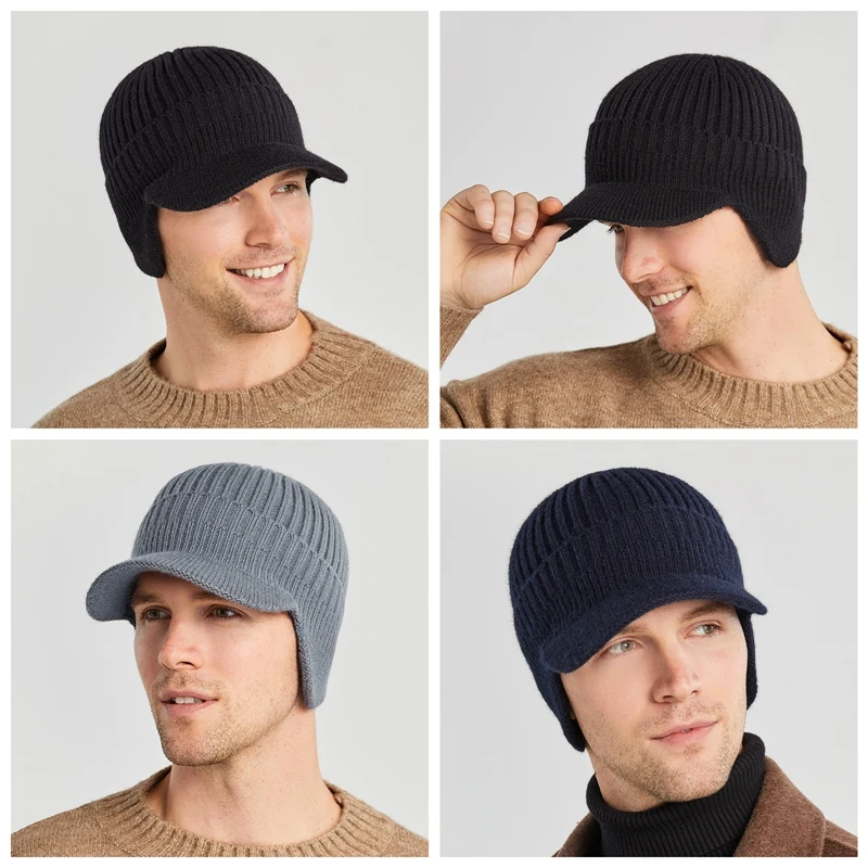 

Men's Wool Blend Visor Brim Beanie With Bill Knit Baseball Cap Skull Hat Winter Warm
