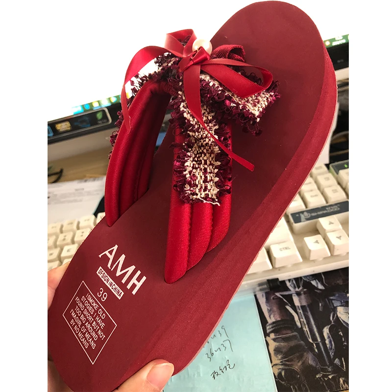 2021 модные летние пляжные шлепанцы SYNXDN милые тапочки с бантом сандалии на высоком