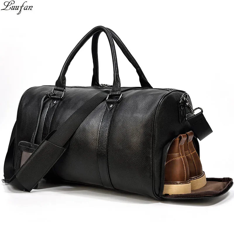 Luufan Genuine Leather Travel Bag For Man Unisex Travel Duffel With Shoe Compartment Soft Cowhide Carry Hand Luggage Bags Black