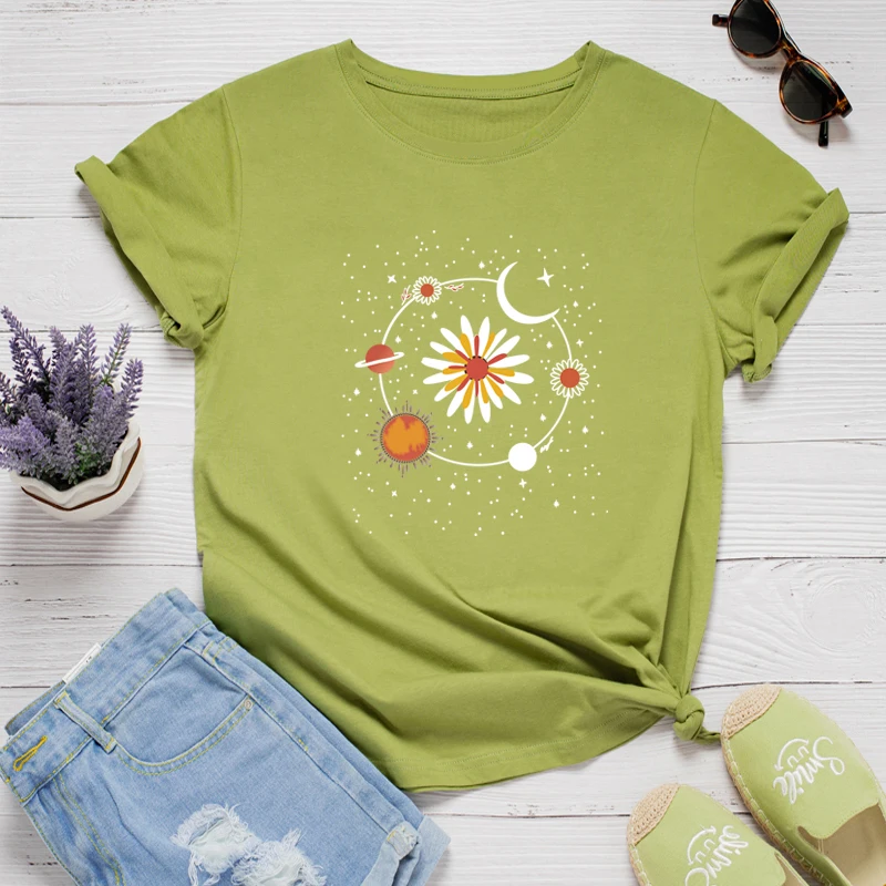 

2021 Summer Plus Size Butterfly Sunflower Heart T Shirt Women's Cotton T-Shirt O Neck Short Sleeve Tees Shirts Casual Black Tops